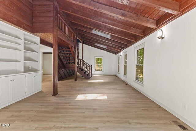 3218 Seven Springs Rd, Hillsborough, NC 27278 - unfurnished living room featuring wood ceiling, stairway, and light wood-style floors