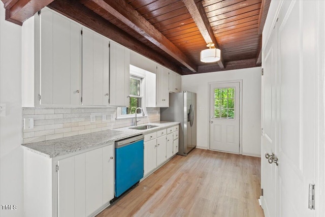 3218 Seven Springs Rd, Hillsborough, NC 27278 - kitchen featuring dishwashing machine, stainless steel refrigerator with ice dispenser, a wooden ceiling with exposed beams, light wood-style floors, and tasteful backsplash