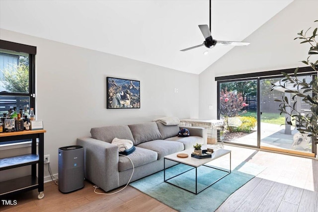 1103 S Bloodworth St, Raleigh, NC 27601 - living room featuring wood finished floors, ceiling fan, and high vaulted ceiling