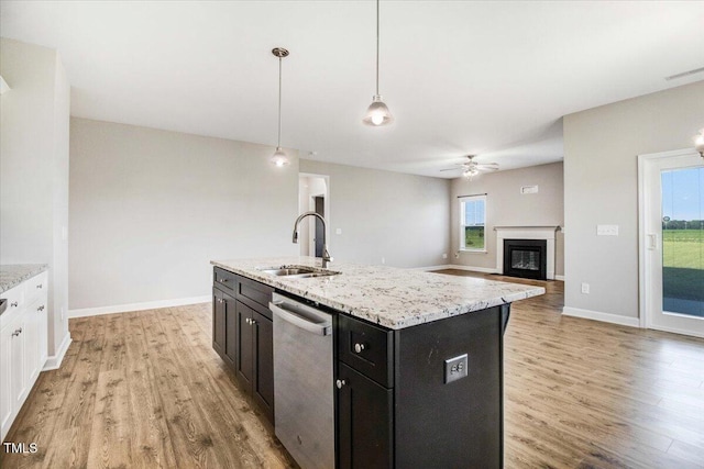 106 Fynloch Chase Dr, Fremont, NC 27830 - kitchen featuring stainless steel dishwasher, light wood finished floors, a glass covered fireplace, decorative light fixtures, and dark cabinetry