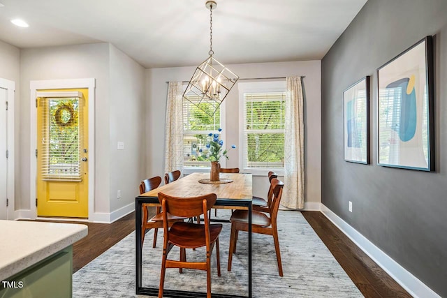 644 Granite Mill Blvd, Chapel Hill, NC 27516 - dining room featuring a chandelier, dark wood-style flooring, plenty of natural light, and recessed lighting