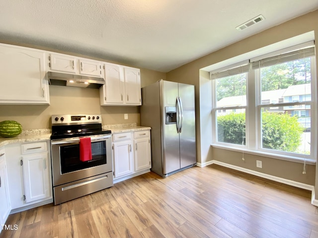 4324 Halliwell Dr, Raleigh, NC 27606 - kitchen with appliances with stainless steel finishes, under cabinet range hood, white cabinetry, and light wood-style flooring