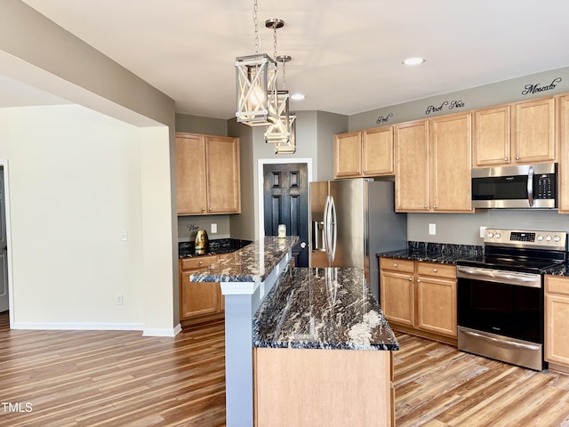 1121 Brookhill Way, Cary, NC 27519 - kitchen with stainless steel appliances, light wood finished floors, a chandelier, light brown cabinetry, and recessed lighting
