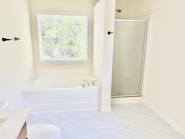 1121 Brookhill Way, Cary, NC 27519 - bathroom with marble finish floors, a shower stall, and a garden tub