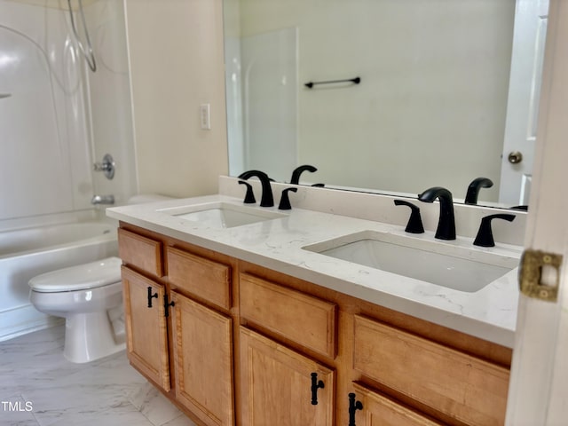 1121 Brookhill Way, Cary, NC 27519 - full bath featuring double vanity, marble finish flooring, and shower / bath combination