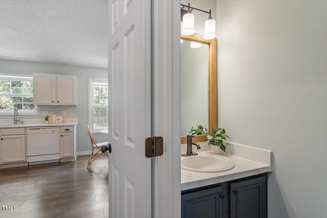 404 Ascott Way, Durham, NC 27713 - bathroom with vanity, wood finished floors, and a textured ceiling