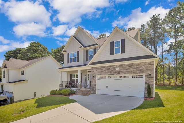 208 Walker Downs Cir, Fayetteville, NC 28305 - craftsman-style house featuring stone siding, a porch, concrete driveway, and a front yard