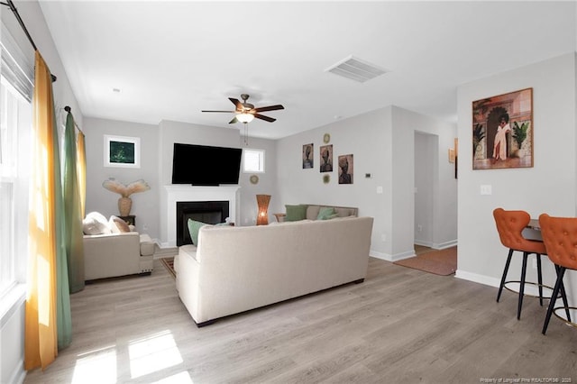 208 Walker Downs Cir, Fayetteville, NC 28305 - living area with light wood-type flooring, ceiling fan, and a fireplace