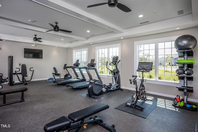288 Fosterton Cottage Way, Raleigh, NC 27603 - workout area featuring a ceiling fan, recessed lighting, and beamed ceiling