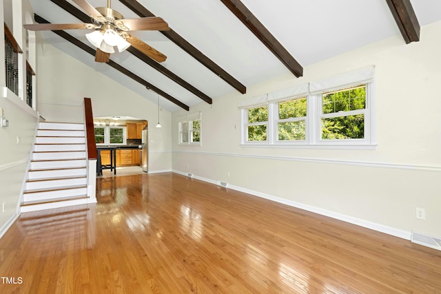 6608 Quiet Cove Ct, Raleigh, NC 27612 - unfurnished living room with beam ceiling, light wood-style floors, high vaulted ceiling, ceiling fan, and stairs
