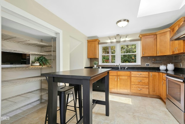 6608 Quiet Cove Ct, Raleigh, NC 27612 - kitchen with stainless steel range with electric cooktop, tasteful backsplash, and dark countertops