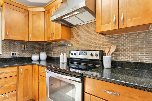 6608 Quiet Cove Ct, Raleigh, NC 27612 - kitchen featuring electric stove, range hood, decorative backsplash, and dark stone counters