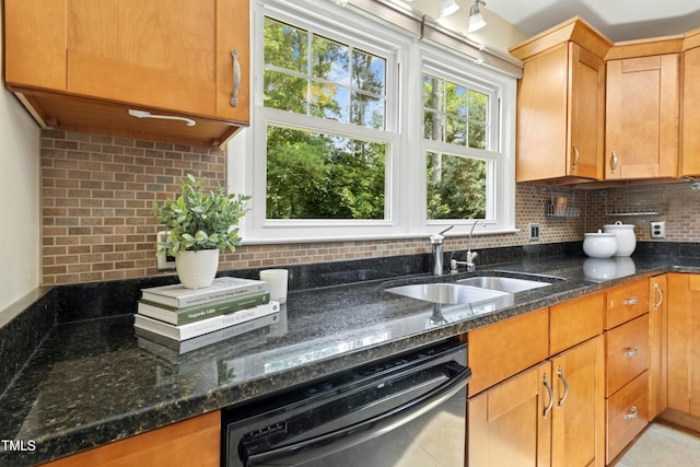 6608 Quiet Cove Ct, Raleigh, NC 27612 - kitchen with dishwasher, decorative backsplash, and dark stone counters