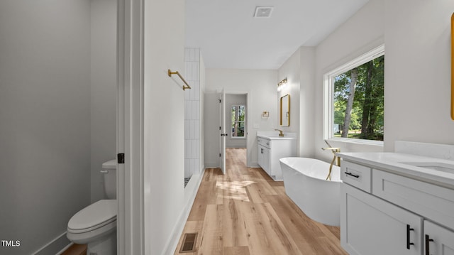 5027 Preacher Holmes Rd, Graham, NC 27253 - bathroom with two vanities, wood finished floors, a shower stall, and healthy amount of natural light