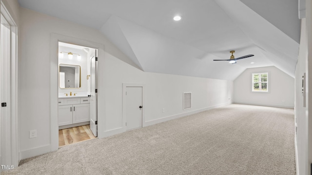 5027 Preacher Holmes Rd, Graham, NC 27253 - additional living space featuring light colored carpet, lofted ceiling, ceiling fan, and recessed lighting