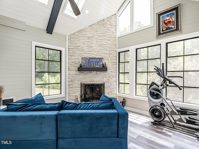 3441 Jordan Shires Dr, New Hill, NC 27562 - living area with a skylight, wood finished floors, plenty of natural light, high vaulted ceiling, and wood walls