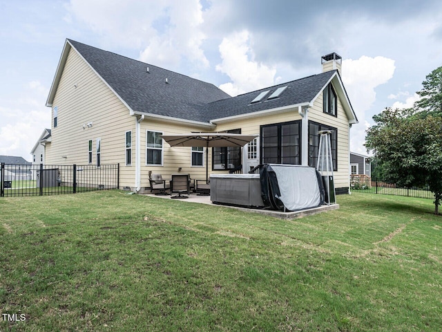 3441 Jordan Shires Dr, New Hill, NC 27562 - rear view of property with a patio area, a fenced backyard, a chimney, a sunroom, and a shingled roof