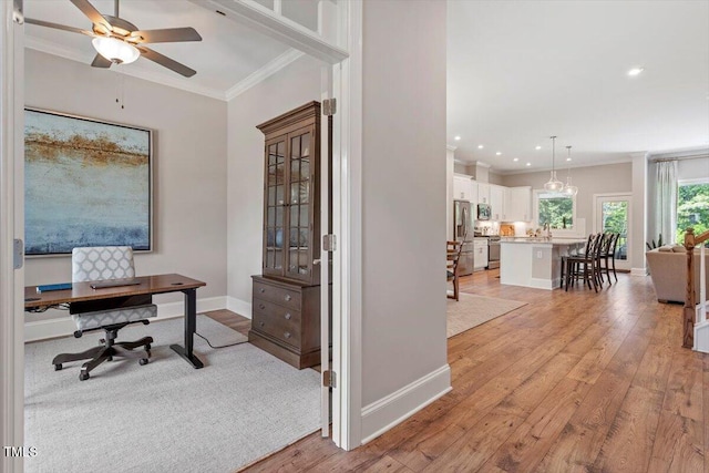 223 Chauncey Cir, Chapel Hill, NC 27516 - office space with ornamental molding, light wood finished floors, a ceiling fan, and recessed lighting