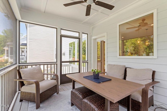 223 Chauncey Cir, Chapel Hill, NC 27516 - sunroom featuring ceiling fan, outdoor dining space, and coffered ceiling