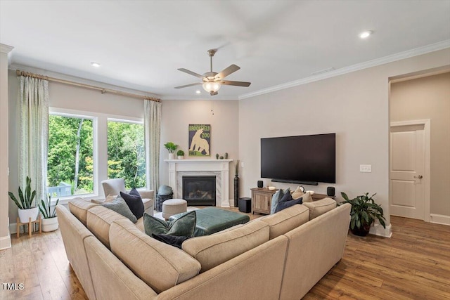 223 Chauncey Cir, Chapel Hill, NC 27516 - living room with a premium fireplace, wood finished floors, a ceiling fan, ornamental molding, and recessed lighting