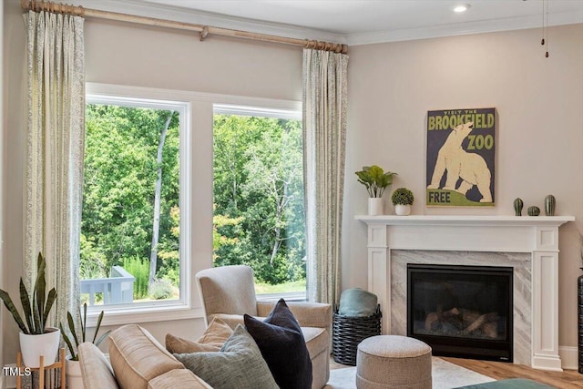 223 Chauncey Cir, Chapel Hill, NC 27516 - living area with a fireplace, ornamental molding, and wood finished floors