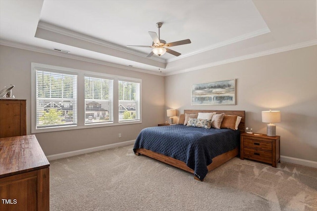 223 Chauncey Cir, Chapel Hill, NC 27516 - bedroom with a tray ceiling, light carpet, ornamental molding, and ceiling fan