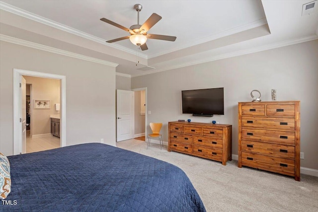 223 Chauncey Cir, Chapel Hill, NC 27516 - bedroom with ornamental molding, light colored carpet, ensuite bathroom, ceiling fan, and a raised ceiling