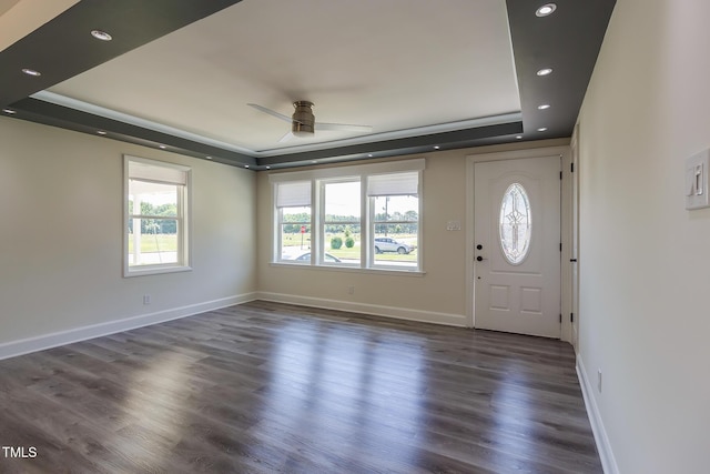 400 Minchew St SE, Wilson, NC 27893 - foyer featuring a raised ceiling, a ceiling fan, wood finished floors, and recessed lighting