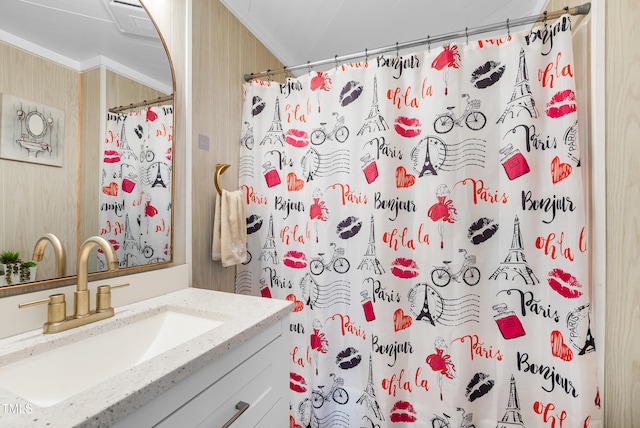 6005 Lake Wheeler Rd, Raleigh, NC 27603 - bathroom featuring vanity, ornamental molding, and a shower with shower curtain