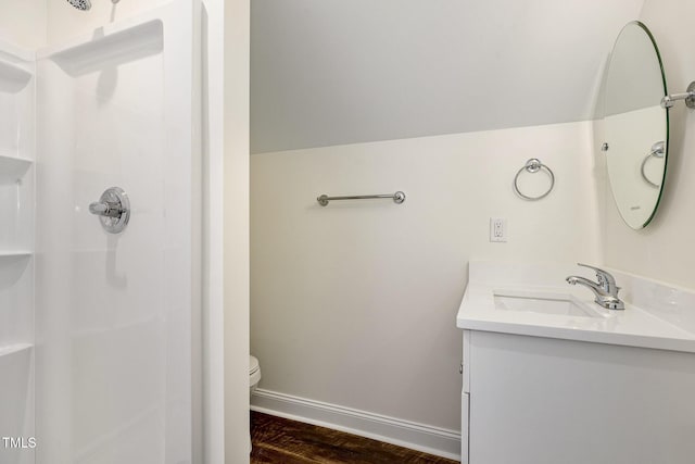 407 Kadir Womble Dr, New Hill, NC 27562 - bathroom with vanity, wood finished floors, and a shower