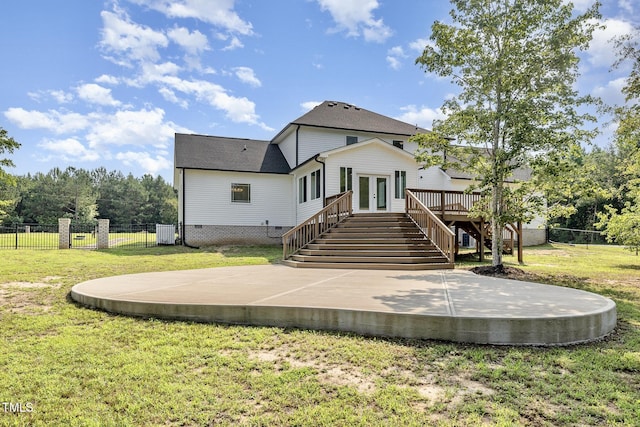 407 Kadir Womble Dr, New Hill, NC 27562 - back of house featuring stairs, french doors, a wooden deck, a patio area, and crawl space