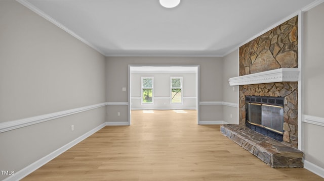 1524 Wedgewood Dr, Graham, NC 27253 - unfurnished living room featuring a fireplace, ornamental molding, and wood finished floors
