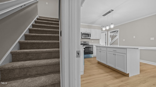 1524 Wedgewood Dr, Graham, NC 27253 - stairway featuring ornamental molding, wood finished floors, and a chandelier