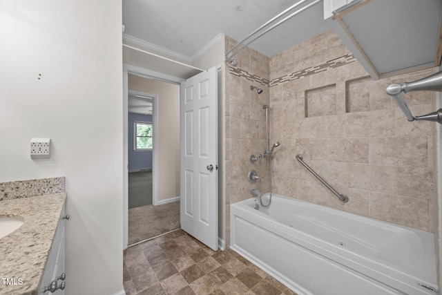 1105 Fontaine Rd, Roxboro, NC 27574 - bathroom featuring shower / tub combination, ornamental molding, vanity, and stone finish flooring