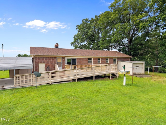 1105 Fontaine Rd, Roxboro, NC 27574 - rear view of property with a yard, a chimney, brick siding, and a deck