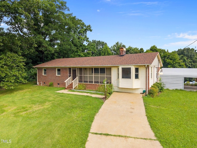 1105 Fontaine Rd, Roxboro, NC 27574 - single story home with a front yard, a chimney, a sunroom, roof with shingles, and entry steps