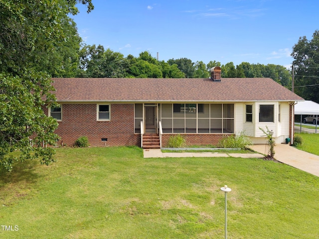 1105 Fontaine Rd, Roxboro, NC 27574 - ranch-style house with a front yard, roof with shingles, a chimney, and crawl space