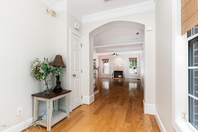 4060 Barton Park Pl, Raleigh, NC 27613 - corridor featuring light wood-style floors, crown molding, and arched walkways