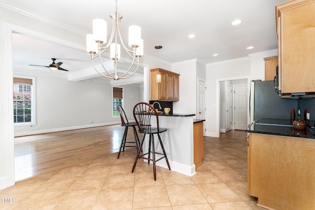 4060 Barton Park Pl, Raleigh, NC 27613 - kitchen with a chandelier, crown molding, recessed lighting, a breakfast bar area, and a ceiling fan