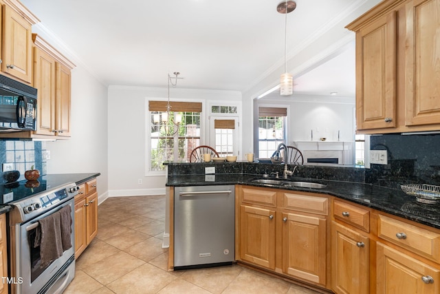 4060 Barton Park Pl, Raleigh, NC 27613 - kitchen with appliances with stainless steel finishes, light tile patterned floors, ornamental molding, backsplash, and a peninsula