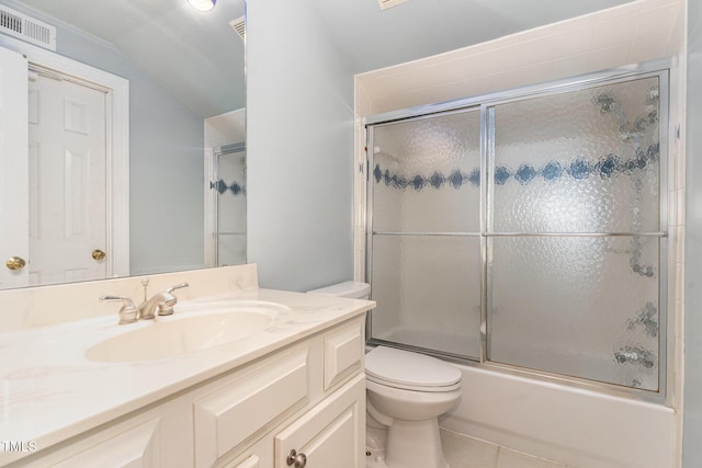 4060 Barton Park Pl, Raleigh, NC 27613 - full bath featuring vanity, shower / bath combination with glass door, lofted ceiling, and tile patterned floors