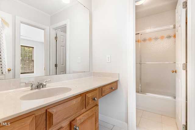 4060 Barton Park Pl, Raleigh, NC 27613 - full bathroom with vanity, tile patterned floors, combined bath / shower with glass door, and ornamental molding
