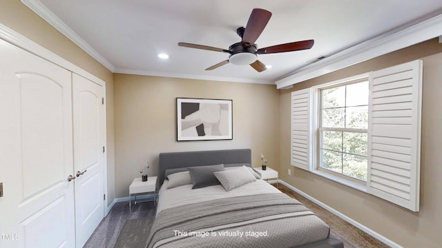 112 Salmon River Dr, Durham, NC 27705 - bedroom featuring ornamental molding, ceiling fan, recessed lighting, and a closet