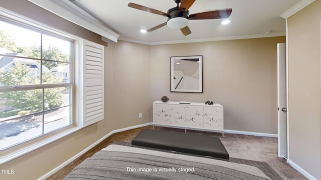 112 Salmon River Dr, Durham, NC 27705 - detailed view of ceiling fan, carpet, ornamental molding, and recessed lighting
