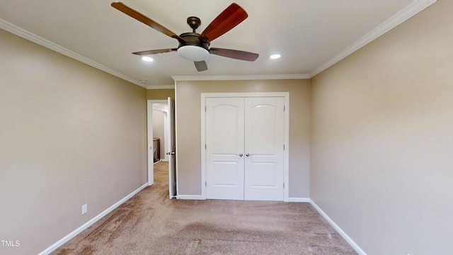 112 Salmon River Dr, Durham, NC 27705 - unfurnished bedroom with ornamental molding, carpet floors, recessed lighting, a closet, and a ceiling fan