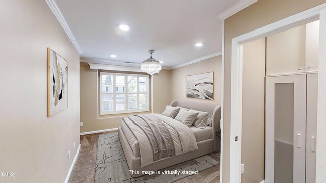 112 Salmon River Dr, Durham, NC 27705 - bedroom with ornamental molding, recessed lighting, a chandelier, and carpet floors