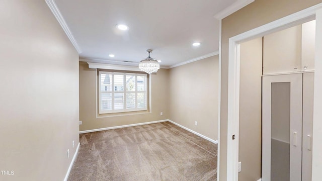 112 Salmon River Dr, Durham, NC 27705 - spare room featuring ornamental molding, light colored carpet, recessed lighting, and a chandelier