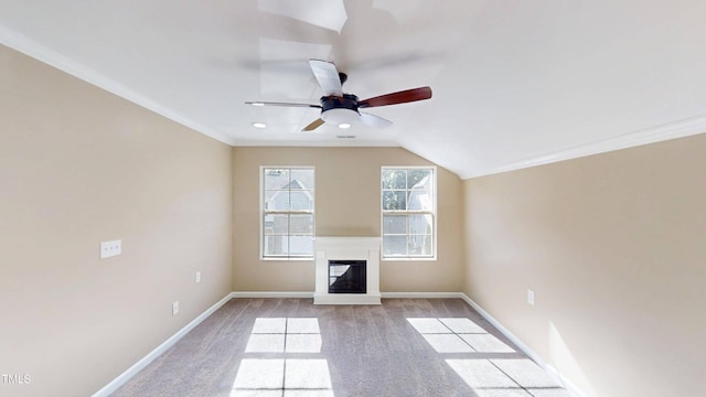 112 Salmon River Dr, Durham, NC 27705 - unfurnished living room featuring ceiling fan, a glass covered fireplace, light colored carpet, and crown molding