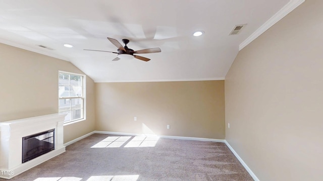 112 Salmon River Dr, Durham, NC 27705 - unfurnished living room featuring a ceiling fan, ornamental molding, recessed lighting, carpet, and vaulted ceiling