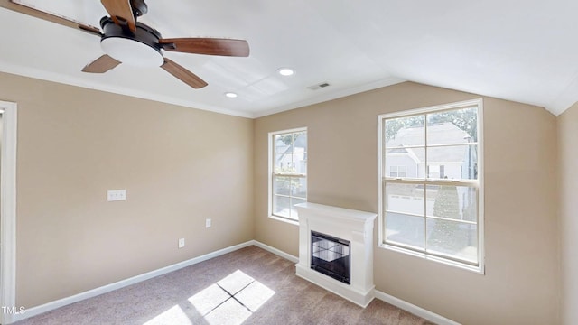 112 Salmon River Dr, Durham, NC 27705 - unfurnished living room featuring a glass covered fireplace, light colored carpet, ceiling fan, recessed lighting, and lofted ceiling
